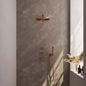 Brauer Copper Carving complete inbouw regendouche set 02 met 30cm douchekop, rechte muurarm en staafhanddouche geborsteld koper PVD
