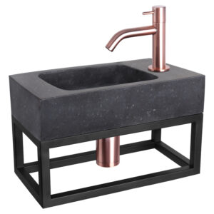 Differnz Force fonteinset natuursteen bombai black met handdoekrek en gebogen kraan rood koper