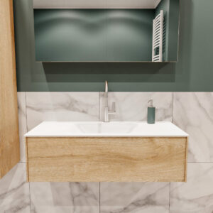 Lush onderkast 100cm in kleur WASHED OAK met 1 lade Push tot open geschikt voor gecentreerde wastafel. Compleet met solid surface wastafel cloud M35132met 1 kraangat(en)