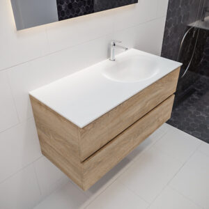 Mondiaz Vica 100cm badmeubel washed oak 2 lades wastafel Moon rechts 1 kraangat