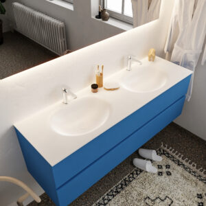 Mondiaz Vica 150cm badmeubel jeans 2 lades wastafel Moon dubbel met 2 kraangaten