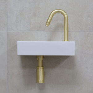 Mueller Mini Rhea 36x18x9cm fonteinset mat wit met gouden gebogen fonteinkraan rechts