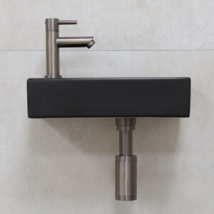 Mueller Mini Rhea 36x18x9cm zwarte fonteinset met oud ijzerkleurige kraan links
