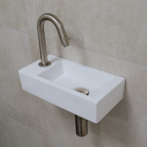 Mueller Mini Rhea wit fonteinset met RVS gebogen fonteinkraan links