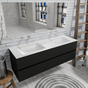 Zaro Valencia mat zwart badmeubel 150cm met Solid Surface wastafel zonder kraangat dubbele spoelbak 2 lades