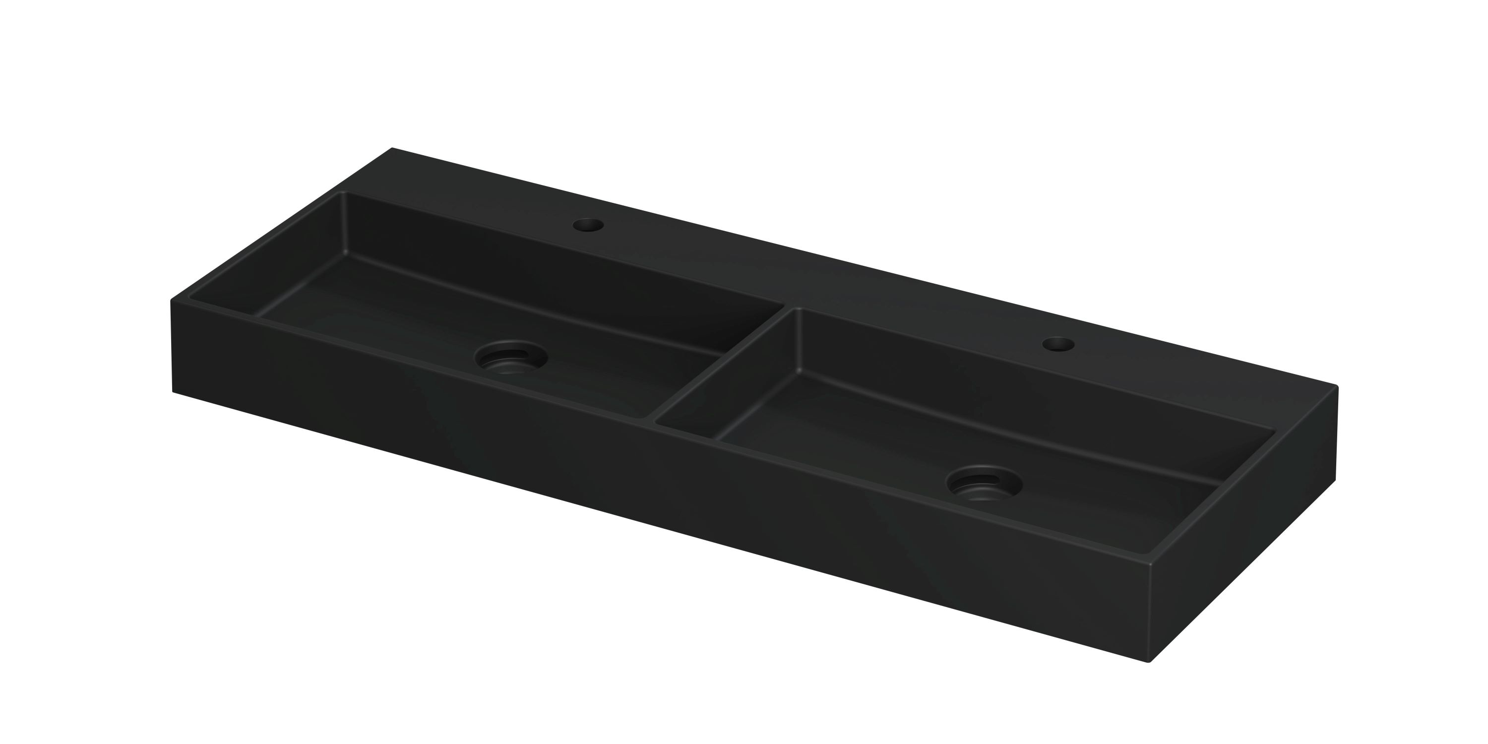 Wastafel United Porselein dubbel met 2 kraangaten incl. porseleinen click plug en verborgen overloop systeem 120 cm x 45 cm x 11 cm Mat zwart 0206134