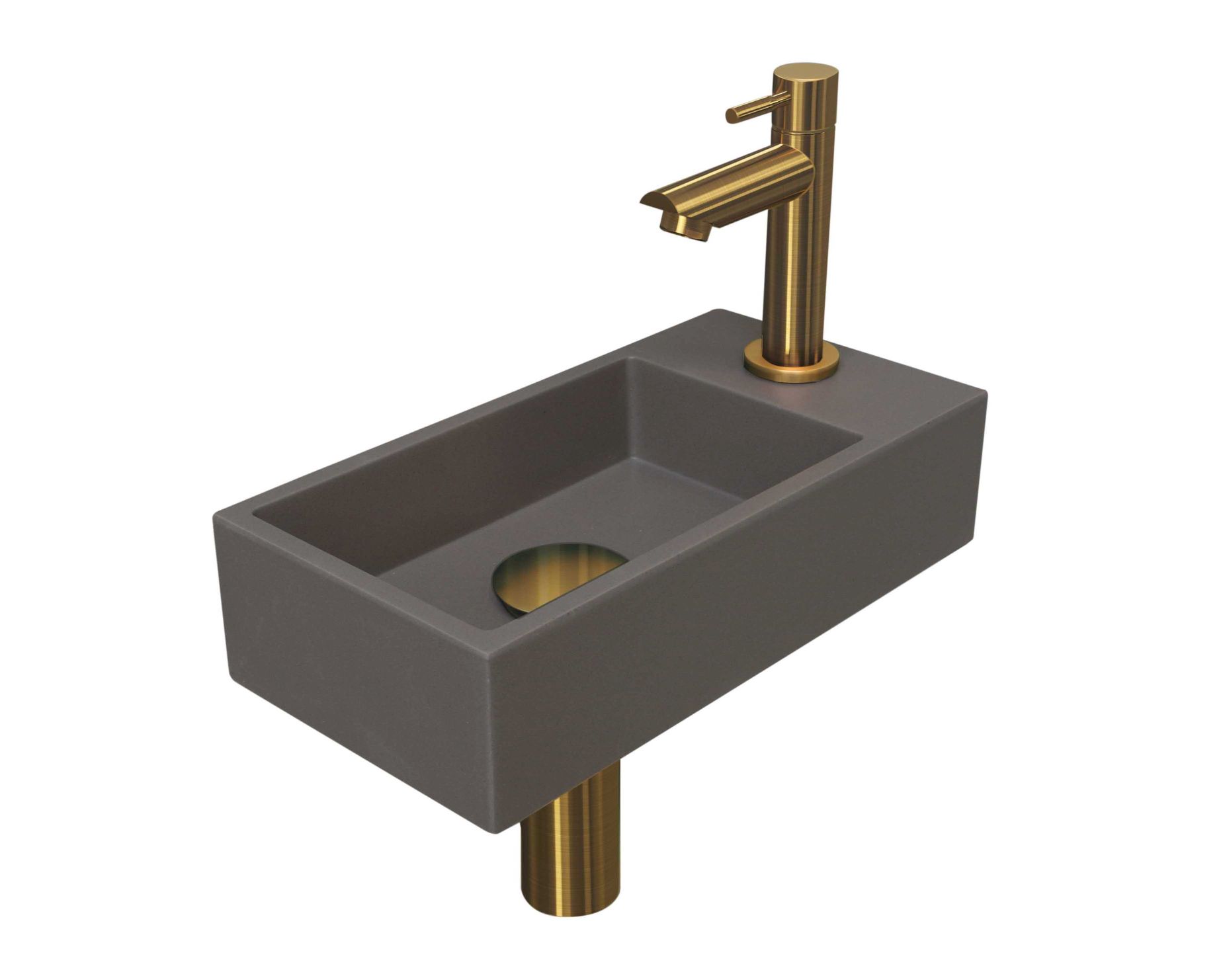 Fonteinset INK Versus 36x18x9 cm Quartz Beton Met Kraangat Rechts Brushed Mat Goud