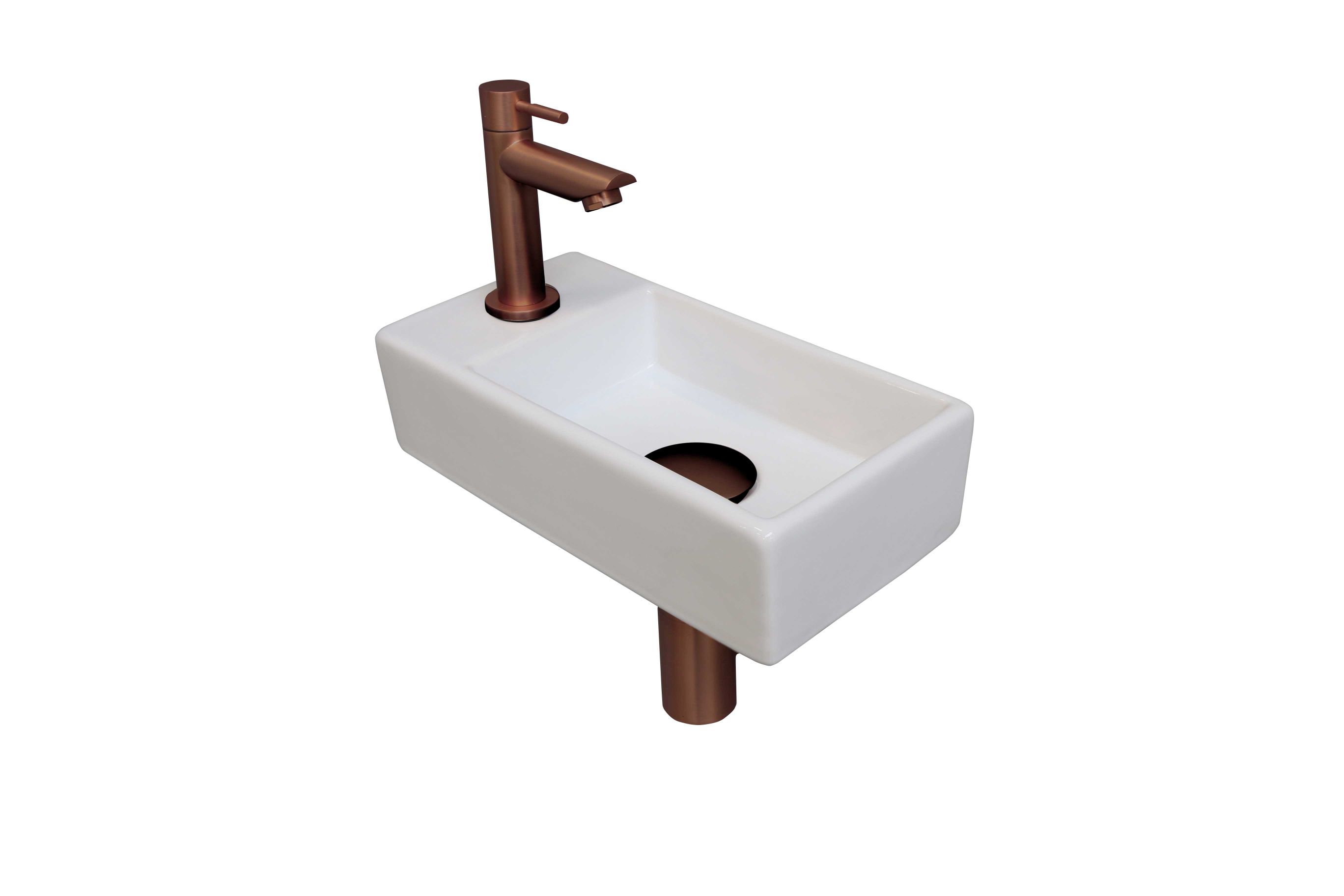 Fonteinset INK Versus 36x18x9cm Porselein Glans Wit Met Kraangat Links Mat Rose Goud