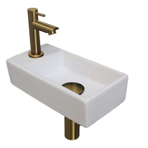 Fonteinset INK Versus 36x18x9cm Porselein Mat Wit Met Kraangat Links Brushed Mat Goud