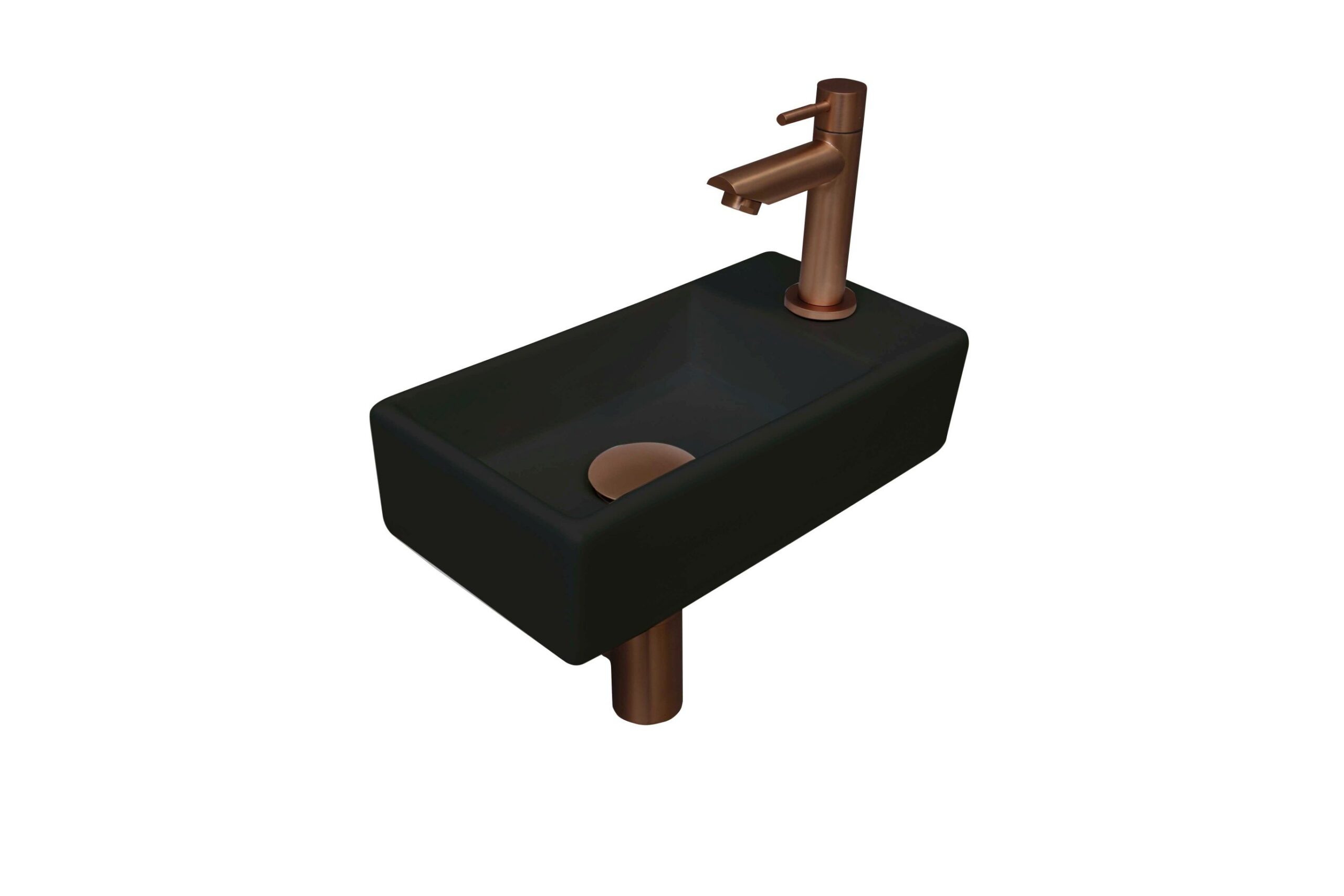 Fonteinset INK Versus 36x18x9cm Porselein Mat Zwart Met Kraangat Rechts Mat Rose Goud