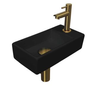 Fonteinset INK Versus 36x18x9cm Porselein Mat Zwart Met Kraangat Rechts Brushed Mat Goud