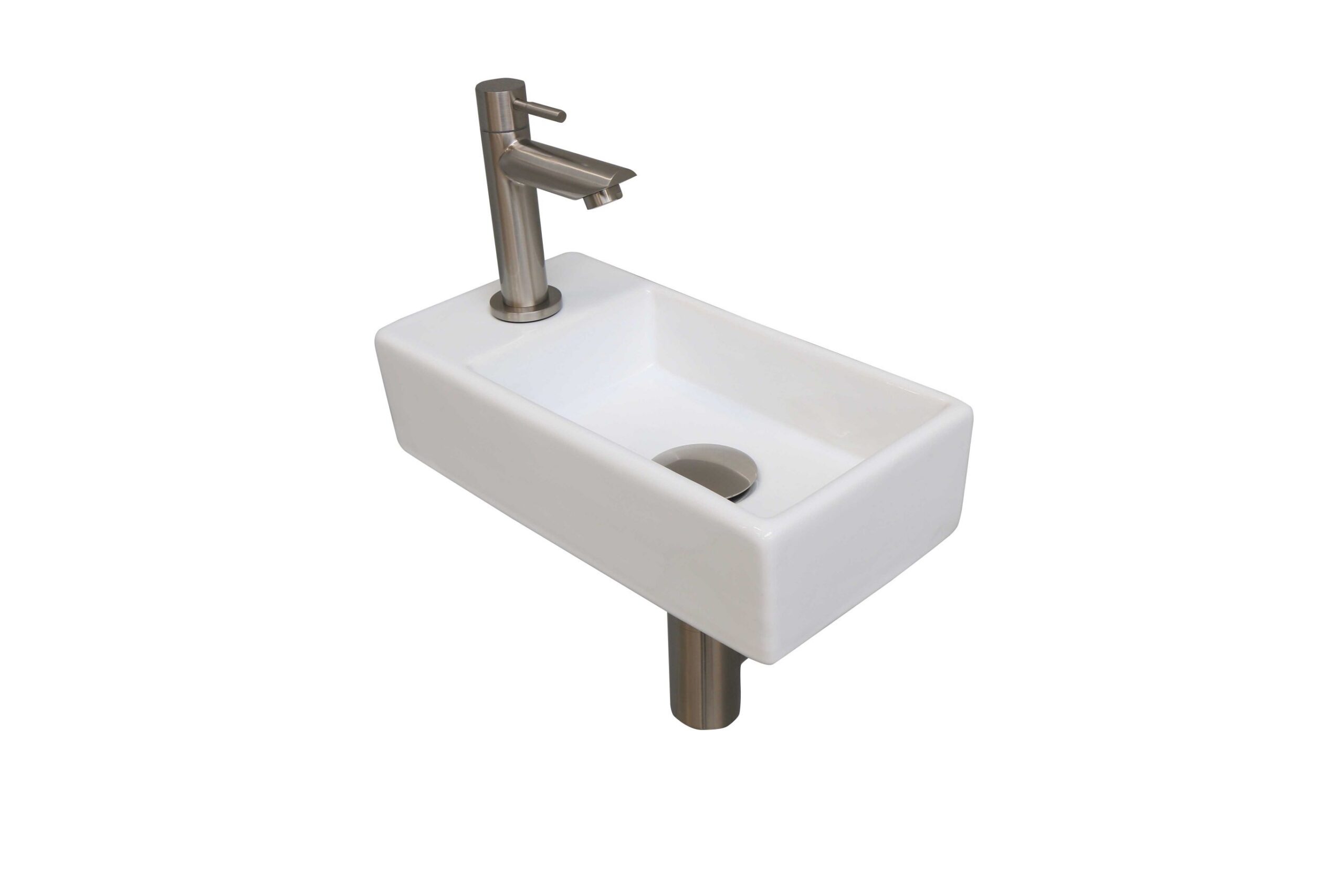 Fonteinset INK Versus 36x18x9cm Porselein Glans Wit Met Kraangat Links Brushed Nickel