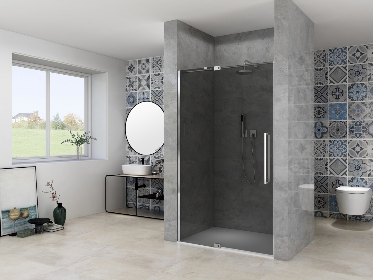 Nisdeur Van Rijn Products ST08 Draaideur 2-Delig 90x200 cm 8 mm Rookglas Incl. Muurprofiel, Greep en Stabilisatiestang Chroom