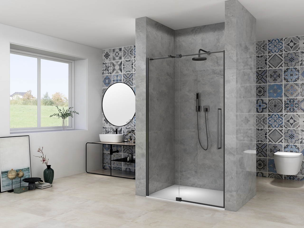 Nisdeur Van Rijn Products ST08 Draaideur 2-Delig 100x200 cm 8 mm Helder Glas Incl. Muurprofiel, Greep en Stabilisatiestang Mat Zwart