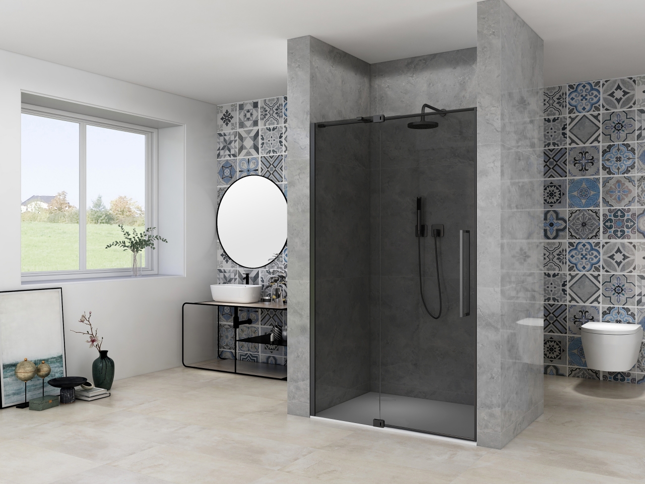 Nisdeur Van Rijn Products ST08 Draaideur 2-Delig 110x200 cm 8 mm Rookglas Incl. Muurprofiel, Greep en Stabilisatiestang Mat Zwart