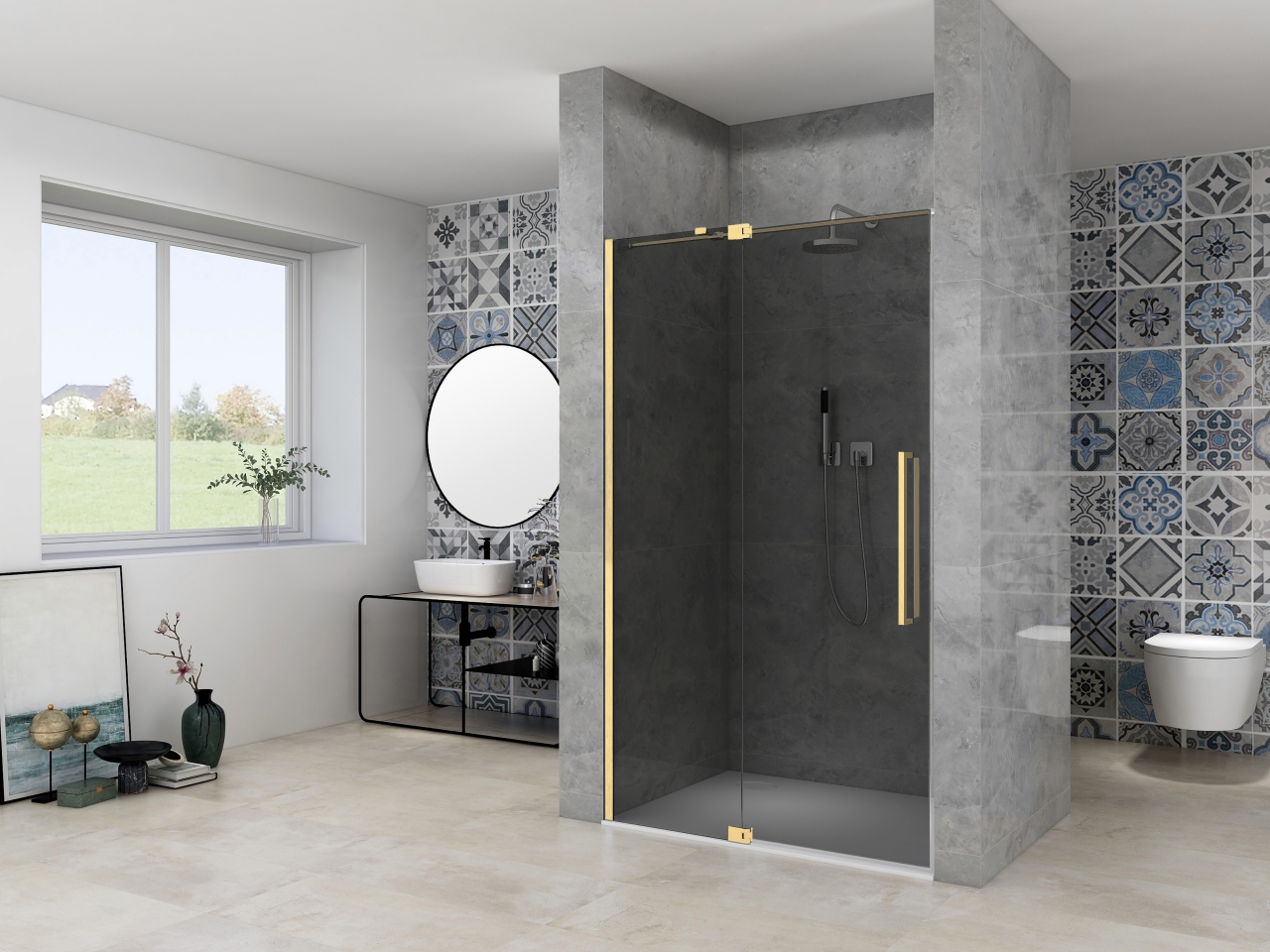 Nisdeur Van Rijn Products ST08 Draaideur 2-Delig 100x200 cm 8 mm Rookglas Incl. Muurprofiel, Greep en Stabilisatiestang Mat Messing