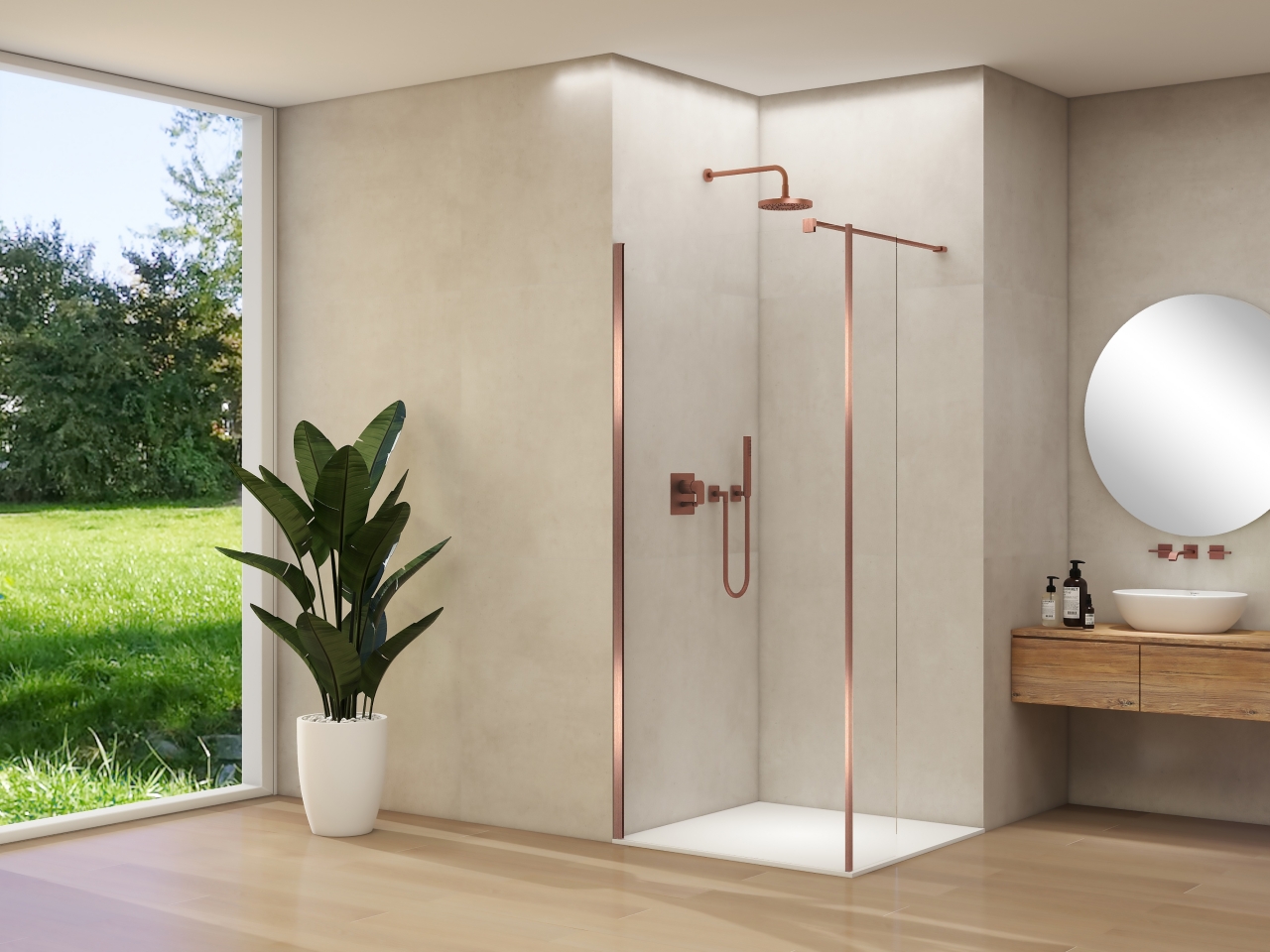 Inloopdouche Van Rijn Products ST01 Met Haaks Deel L&R 80x200 cm 8 mm Helder Glas Incl. Stabilisatiestang Geborsteld Koper