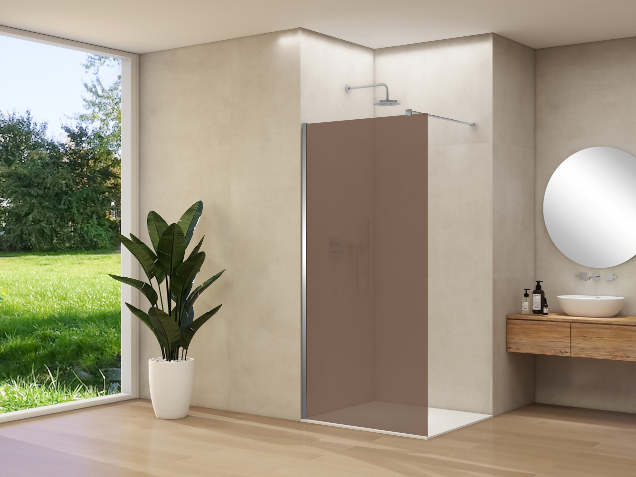Inloopdouche Van Rijn Products ST01 100x200 cm 8 mm Brons Rookglas Incl. Beslag met Muurprofiel en Stabilisatiestang Geborsteld RVS