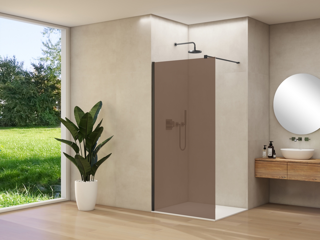 Inloopdouche Van Rijn Products ST01 120x200 cm 8 mm Brons Rookglas Incl. Beslag met Muurprofiel en Stabilisatiestang Mat Zwart