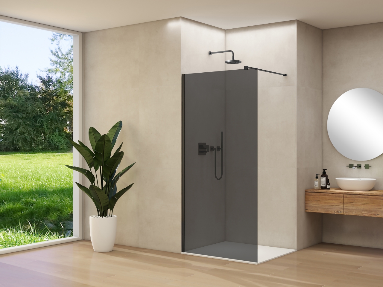 Inloopdouche Van Rijn Products ST01 100x200 cm 8 mm Rookglas Incl. Beslag met Muurprofiel en Stabilisatiestang Mat Zwart