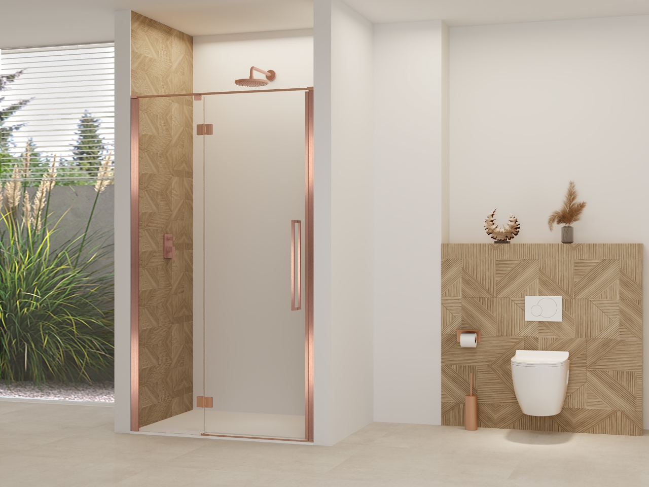 Nisdeur Van Rijn Products ST07 Aan Vast Deel 110x200 cm 8 mm Helder Glas Incl. Beslag, Greep en Stabilisatiestang Geborsteld Koper