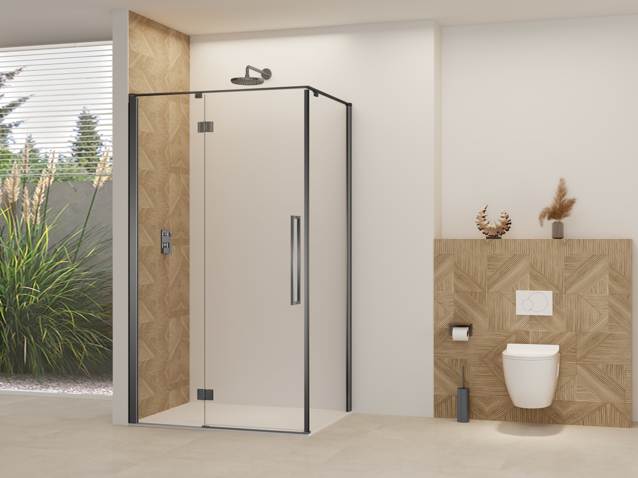 Nisdeur Van Rijn Products ST07 Voor Hoekcabine 90x200 cm 8 mm Helder Glas Incl. Beslag, Greep en Stabilisatiestang Geborsteld Gunmetal