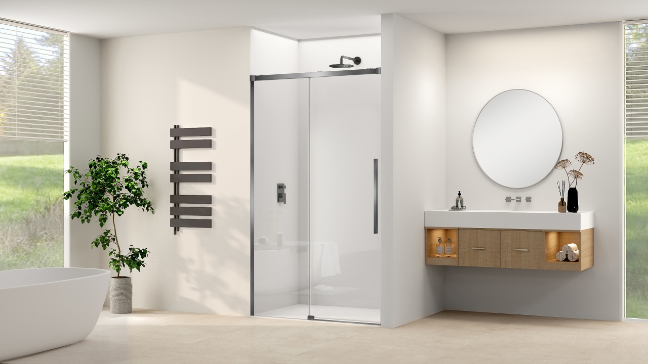 Schuifdeur Van Rijn Products ST09 Aan Vast Deel 160x200 cm 8 mm Helder Glas Softclose Incl. Beslag en Greep Geborsteld Gunmetal