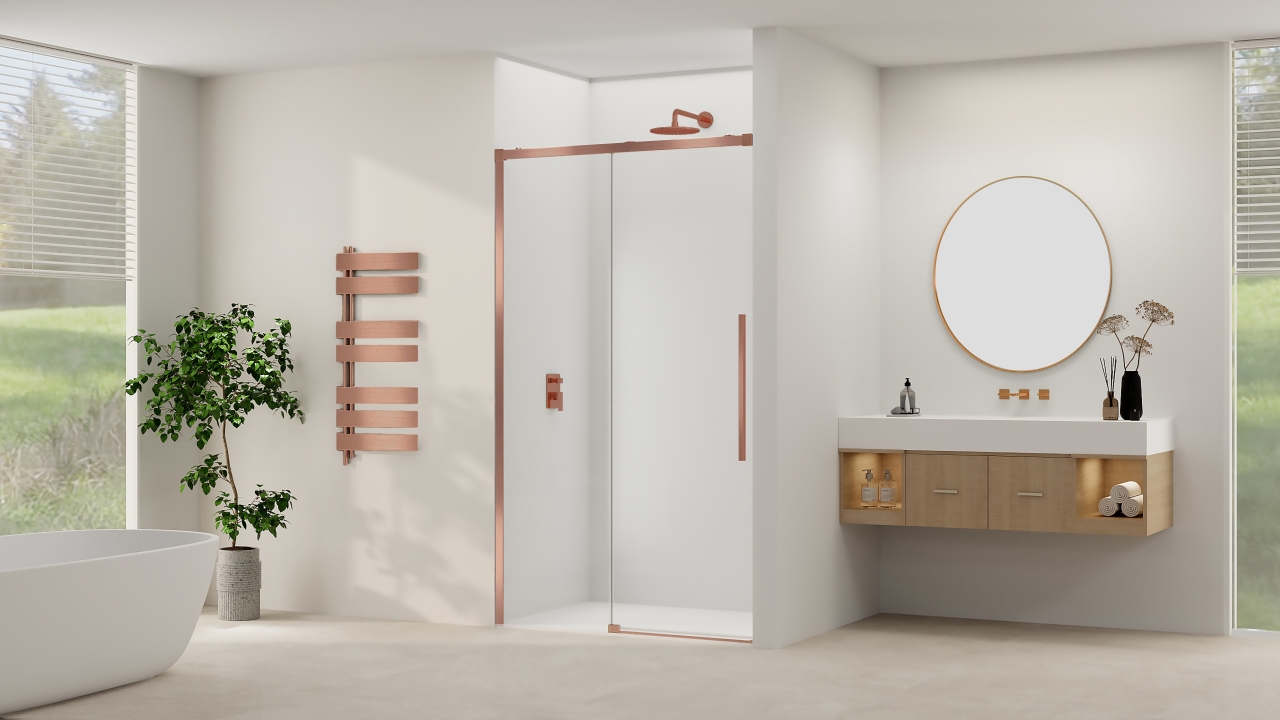 Schuifdeur Van Rijn Products ST09 Aan Vast Deel 140x200 cm 8 mm Helder Glas Softclose Incl. Beslag en Greep Geborsteld Koper