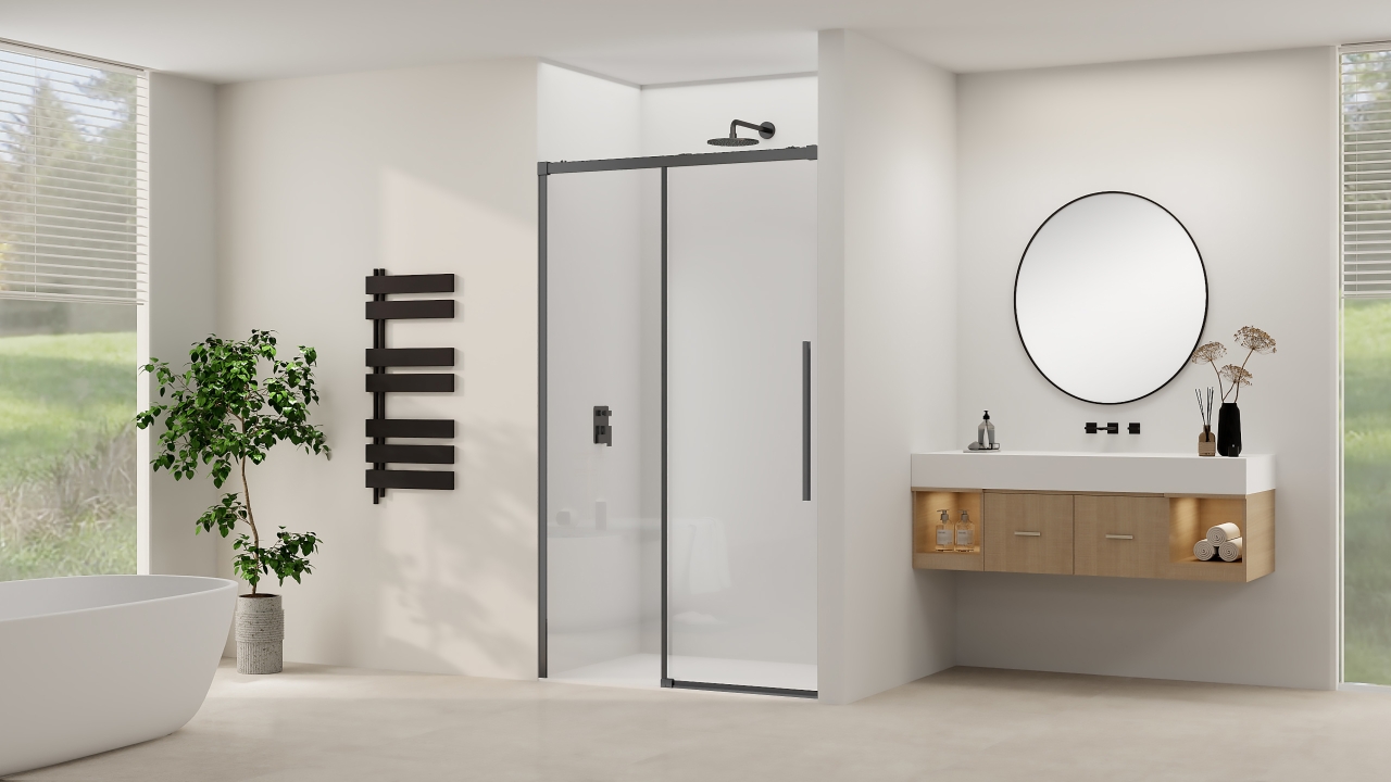 Schuifdeur Van Rijn Products ST09 Aan Vast Deel 160x200 cm 8 mm Helder Glas Softclose Incl. Beslag en Greep Mat Zwart