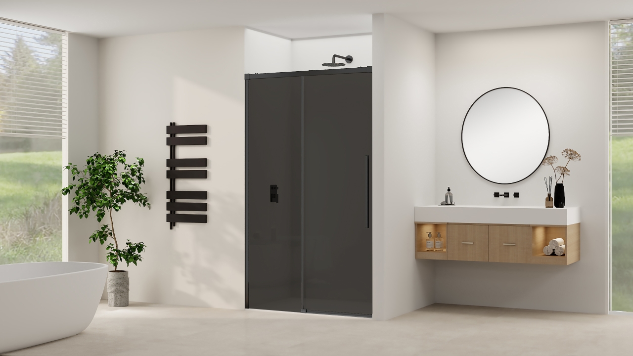 Schuifdeur Van Rijn Products ST09 Aan Vast Deel 140x200 cm 8 mm Rookglas Softclose Incl. Beslag Mat Zwart