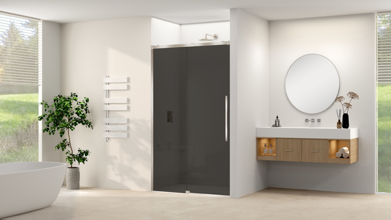 Schuifdeur Van Rijn Products ST09 Aan Vast Deel 120x200 cm 8 mm Rookglas Softclose Incl. Beslag Geborsteld RVS
