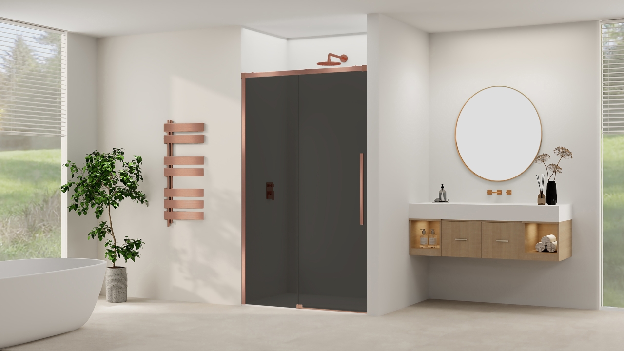 Schuifdeur Van Rijn Products ST09 Aan Vast Deel 120x200 cm 8 mm Rookglas Softclose Incl. Beslag Geborsteld Koper