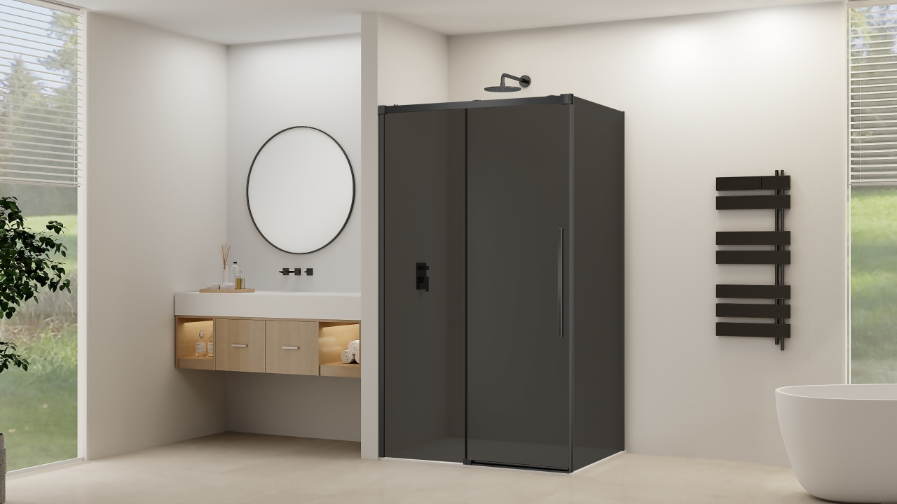 Schuifdeur Van Rijn Products ST09 Voor Hoekcabine 140x200 cm 8 mm Rookglas Softclose Incl. Beslag en Greep Mat Zwart