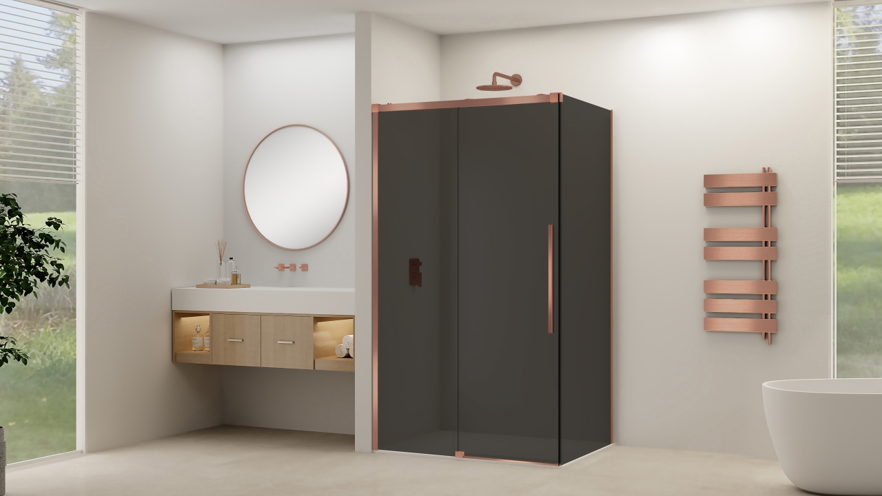 Zijwand Van Rijn Products ST09 tbv Hoekcabine 100x200 cm 8 mm Rookglas Incl. Beslag Geborsteld Koper