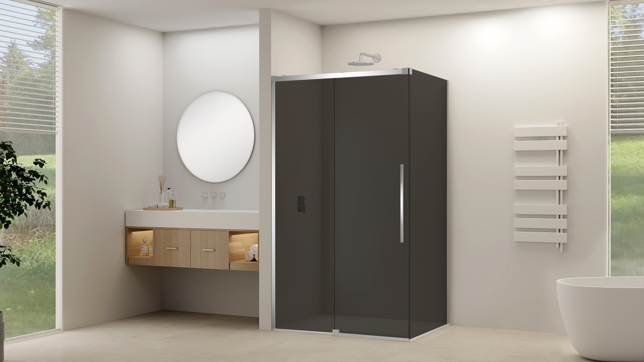 Schuifdeur Van Rijn Products ST09 Voor Hoekcabine 140x200 cm 8 mm Rookglas Softclose Incl. Beslag en Greep Chroom