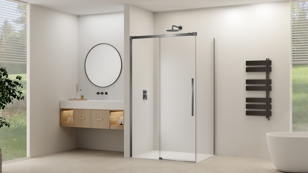 Schuifdeur Van Rijn Products ST09 Voor Hoekcabine 140x200 cm 8 mm Helder Glas Softclose Incl. Beslag Geborsteld Gunmetal