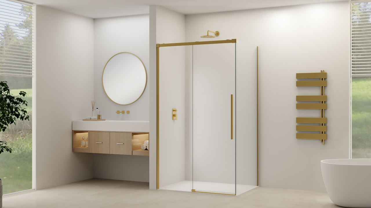 Zijwand Van Rijn Products ST09 tbv Hoekcabine 120x200 cm 8 mm Helder Glas Incl. Beslag Geborsteld Messing