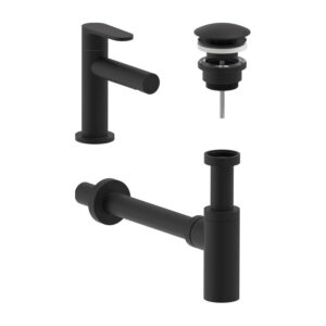 Fonteinkraan Combiset MAY Forma S Model Fonteinkraan, Designplug Always Open & Designsifon Mat Zwart PED