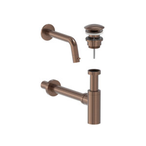 Fonteinkraan Combiset MAY Stilo Wandmodel Fonteinkraan, Designplug Always Open & Designsifon Geborsteld Mat Koper PVD