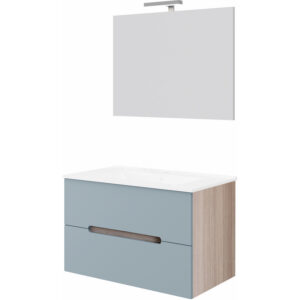 Badkamermeubelset Van Marcke Arco Compleet Set 80CM Pastelblauw Rook Eiken Met Spiegel