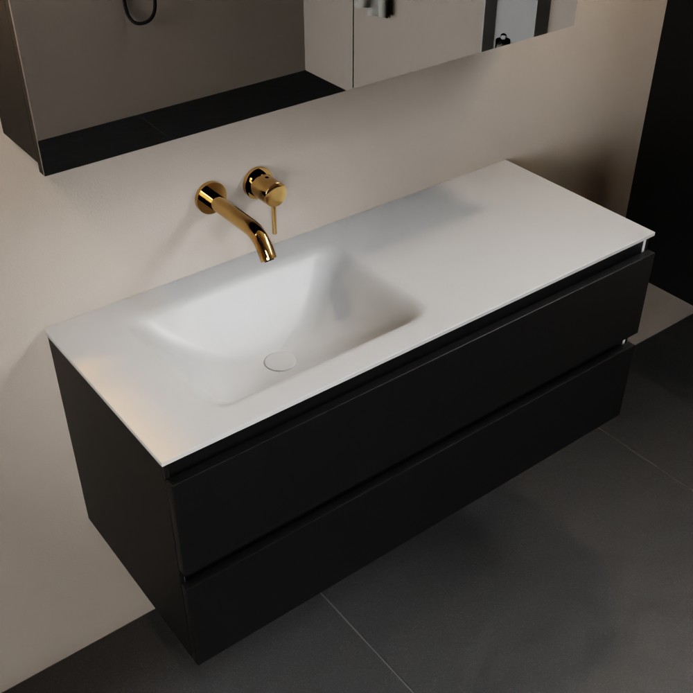 MONDIAZ AIVY 120cm badmeubel Urban, wastafel Talc solid surface links zonder kraangat met spiegelkast (AI-351631TALC-NO - AI-M120URLI - AI-C120URMI)