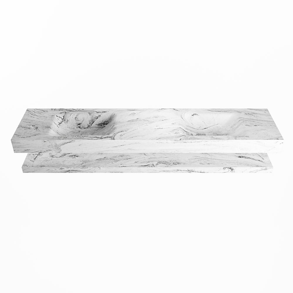MONDIAZ ALAN-DLUX 200cm planchet Glace. Vrijhangende wastafel CLOUD dubbel 2 kraangaten, kleur Glace.