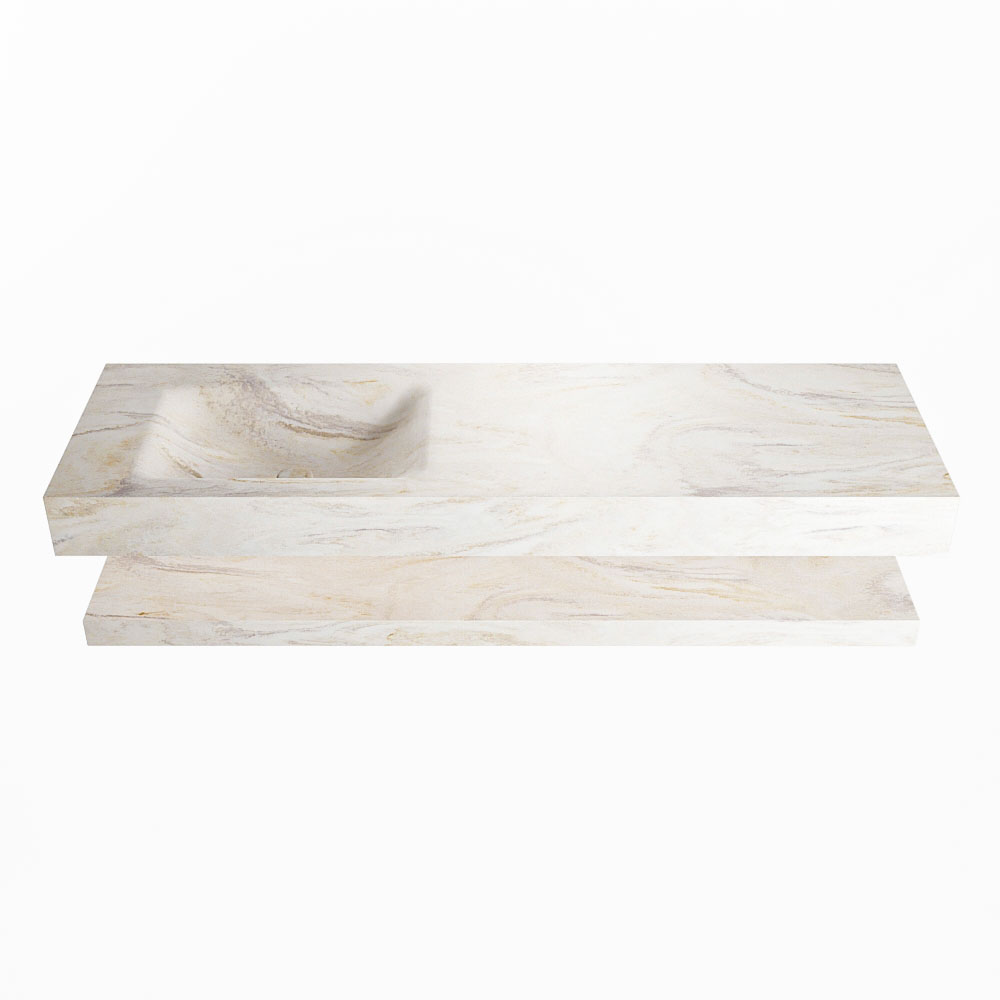 MONDIAZ ALAN-DLUX 150cm planchet Ostra. Vrijhangende wastafel CLOUD links 1 kraangat, kleur Ostra.
