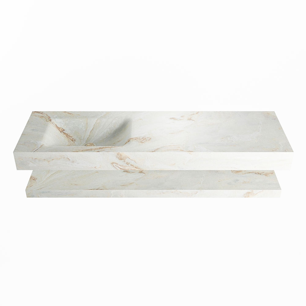 MONDIAZ ALAN-DLUX 150cm planchet Frappe. Vrijhangende wastafel CLOUD links zonder kraangat, kleur Frappe.