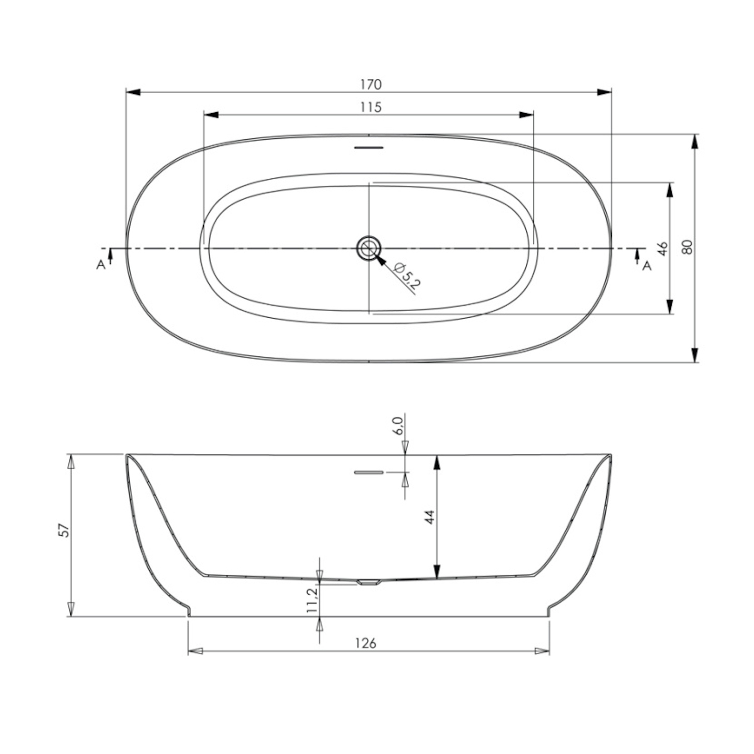 Vrijstaand Ligbad Riho Phatos Free 170x80x57 cm Incl. Pop Up Waste, Sifon en Afvoer Mat Wit