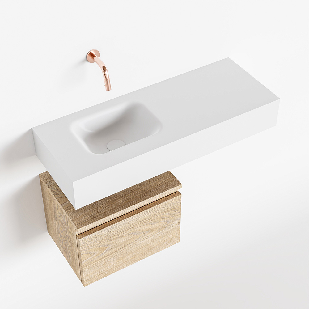 MONDIAZ ANDOR 40cm toiletmeubel washed oak. LEX 80cm wastafel talc links geen kraangat