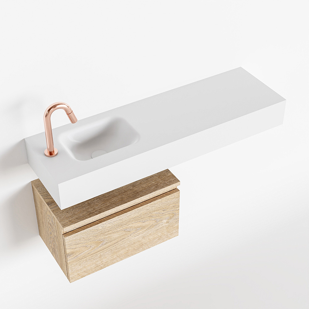 MONDIAZ ANDOR 50cm toiletmeubel washed oak. LEX 100cm wastafel talc links 1 kraangat