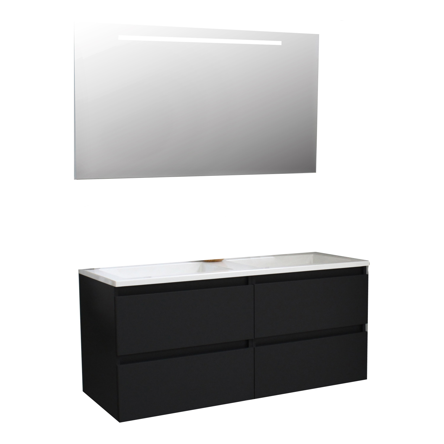 Badkamermeubel BWS Pepper Acryl Wastafel Incl Spiegel Met LED Verlichting Zonder Kraangat 120x55x46 cm Mat Zwart