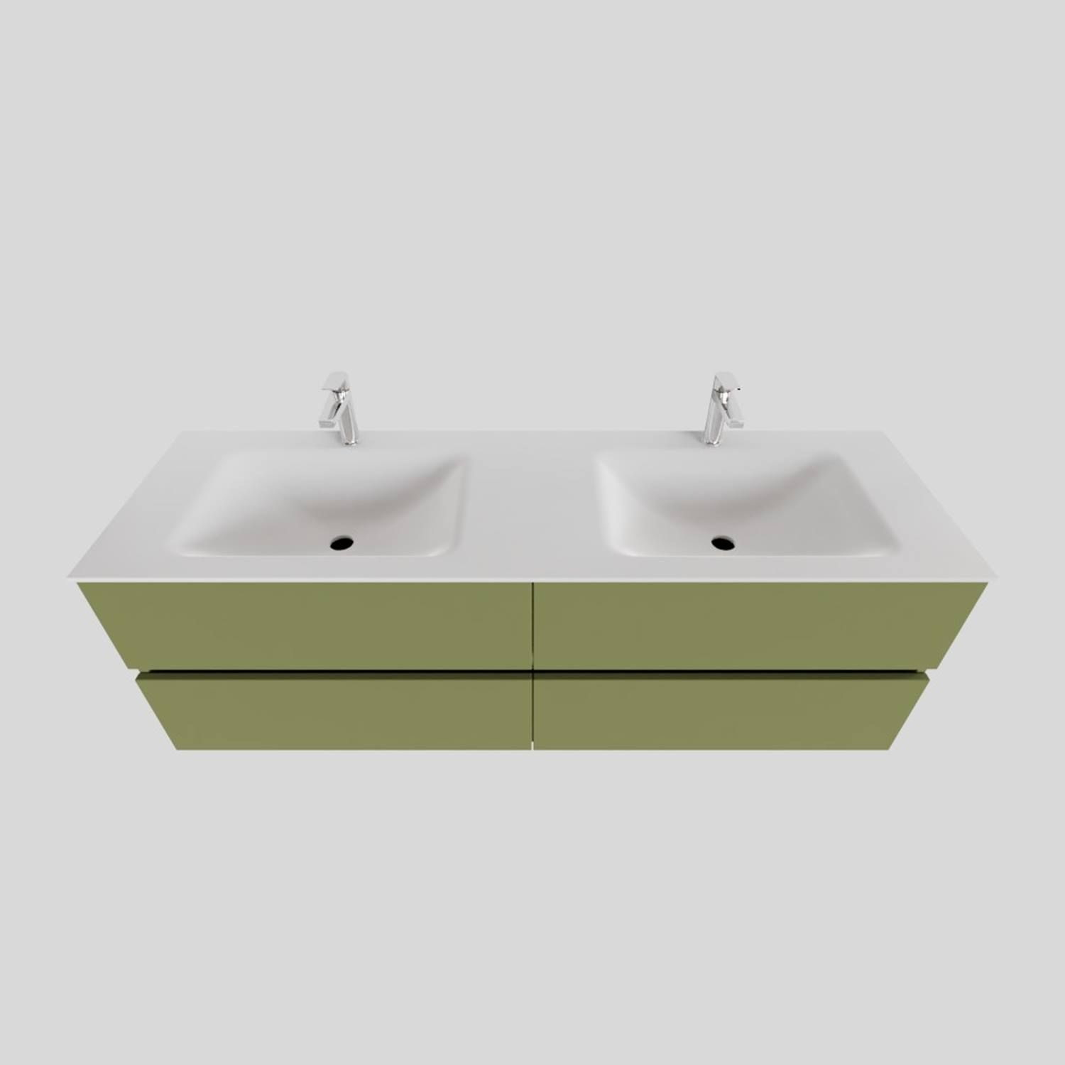 Badkamermeubel Solid Surface BWS Oslo 200x46 cm Mat Groen Wasbak Dubbel (2 kraangaten, 4 lades)