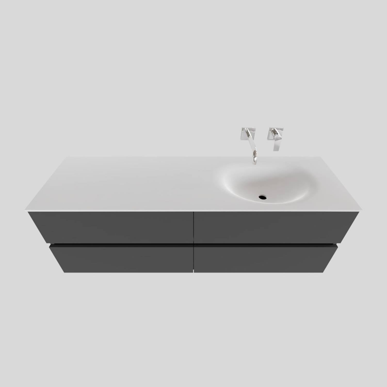 Badkamermeubel Solid Surface BWS Stockholm 150x46 cm Rechts Mat Antraciet 4 Laden (zonder kraangaten)
